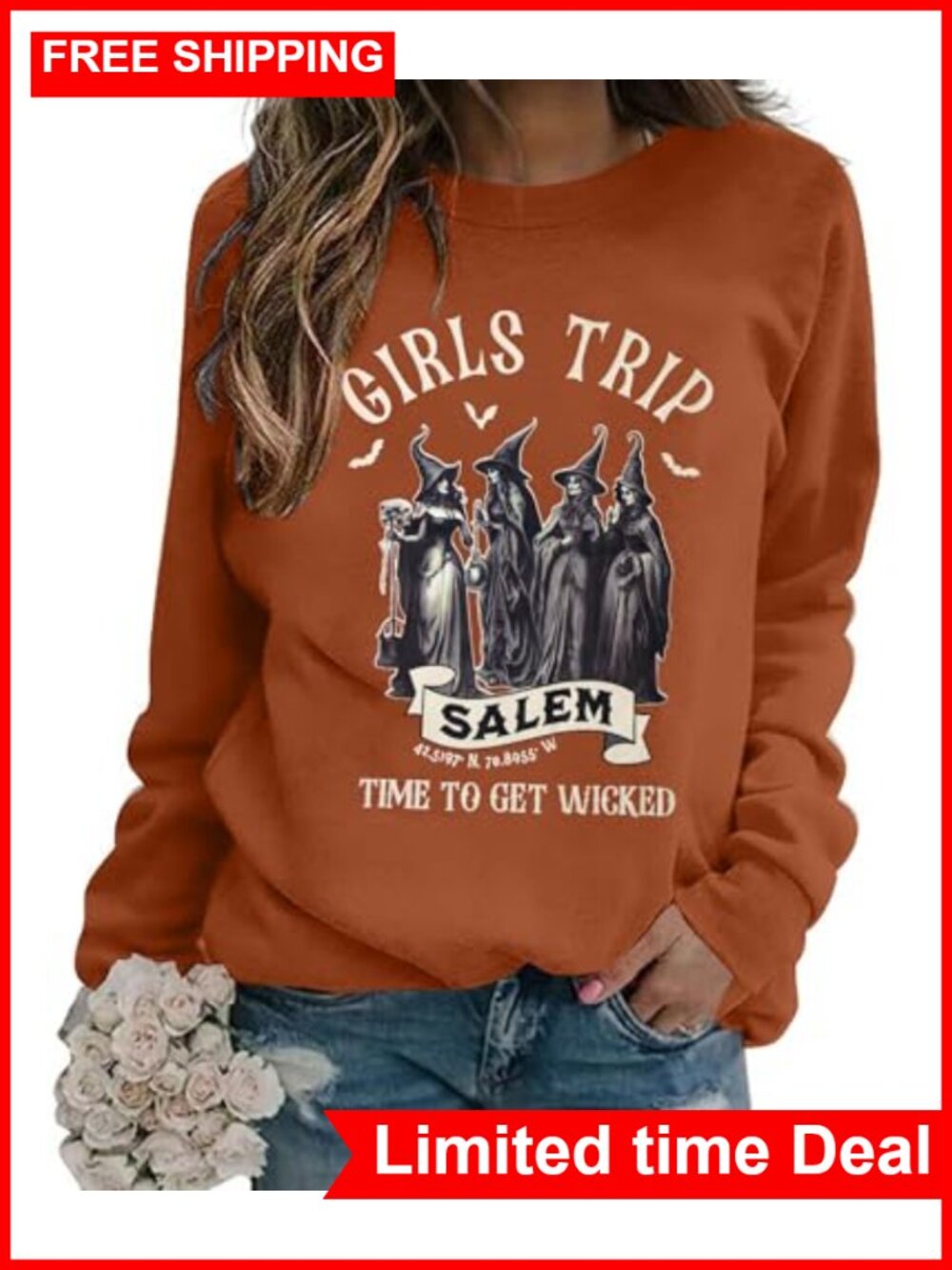 Halloween Witch Graphic Crew Neck Sweatshirt Pullover Women Girls Trip